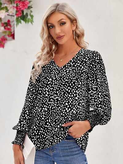 Blue Zone Planet | Printed V-Neck Lantern Sleeve Blouse BLUE ZONE PLANET