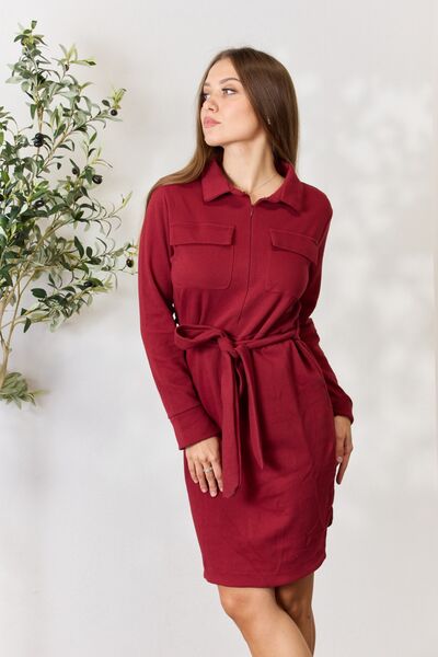 Culture Code Full Size Tie Front Half Zip Long Sleeve Shirt Dress BLUE ZONE PLANET