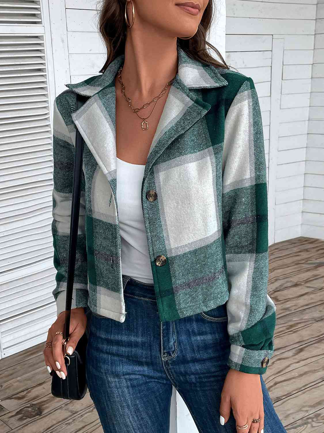 Plaid Collared Neck Button Up Long Sleeve Jacket BLUE ZONE PLANET