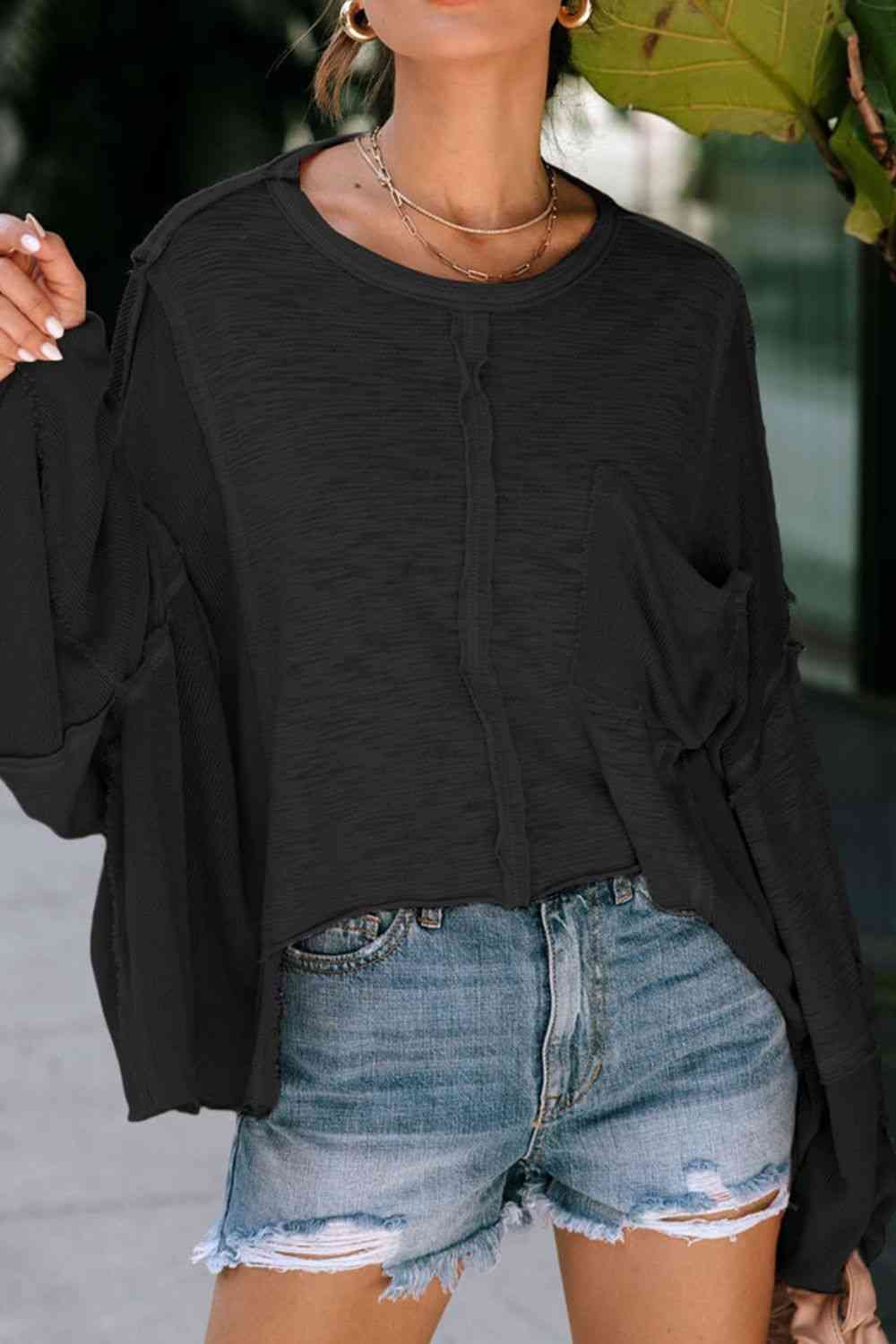 Exposed Seam Round Neck Top with Pocket BLUE ZONE PLANET