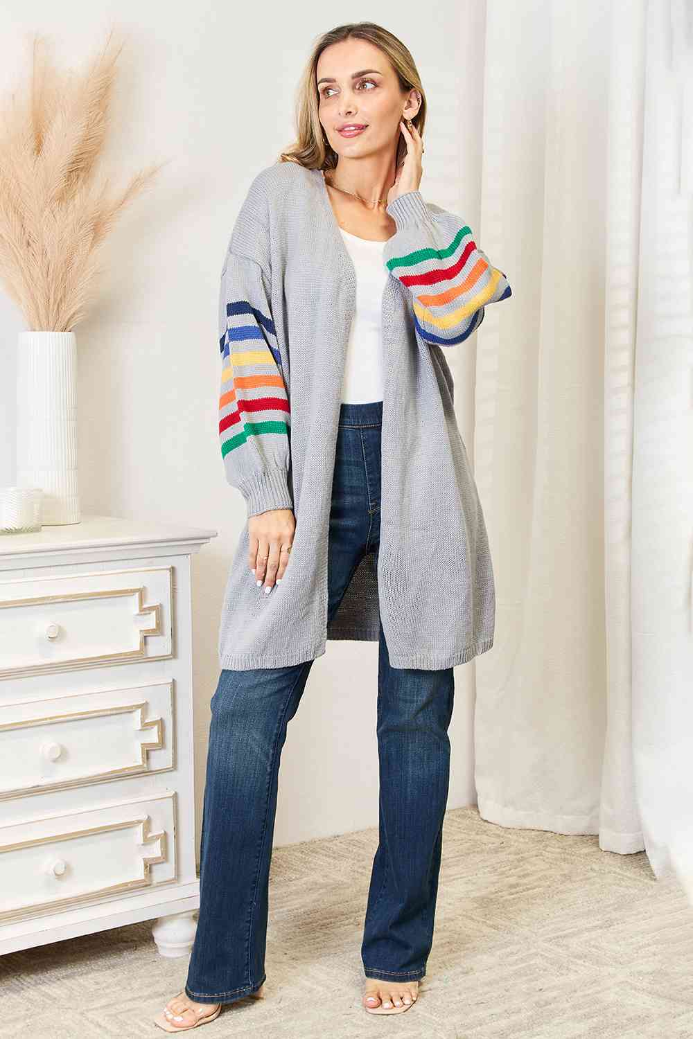 Double Take Multicolored Stripe Open Front Longline Cardigan BLUE ZONE PLANET