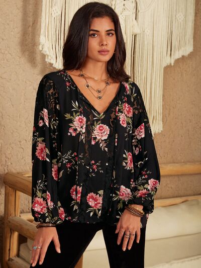 Blue Zone Planet | Flower Printed Tie Neck Long Sleeve Blouse BLUE ZONE PLANET