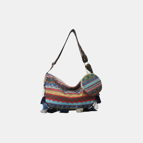 Printed Tassel Detail Crossbody Bag with Small Purse BLUE ZONE PLANET