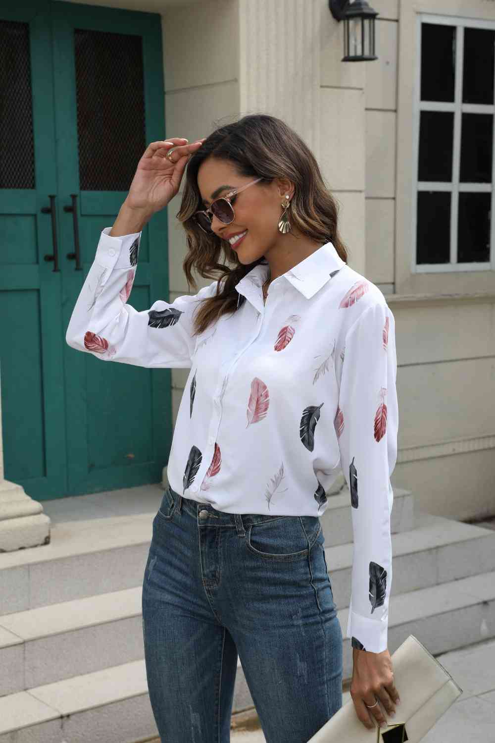 Printed Collared Neck Buttoned Shirt BLUE ZONE PLANET