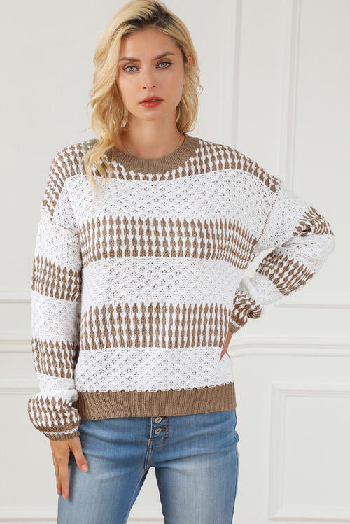 Striped Round Neck Long Sleeve Knit Top BLUE ZONE PLANET