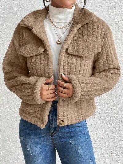 Blue Zone Planet | Fuzzy Button Up Collared Neck Jacket BLUE ZONE PLANET