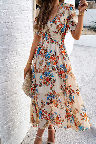 Blue Zone Planet | Smocked Floral V-Neck Short Sleeve Dress BLUE ZONE PLANET