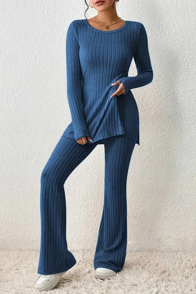 Blue Zone Planet | Ribbed Long Sleeve Slit Top and Bootcut Pants Set BLUE ZONE PLANET