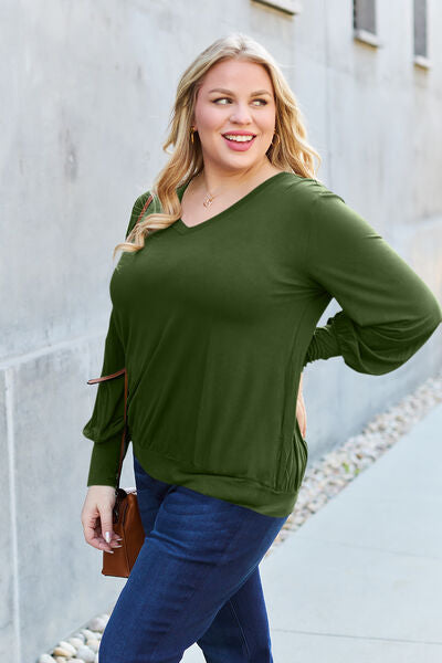 Blue Zone Planet | Basic Bae Full Size V-Neck Lantern Sleeve Blouse BLUE ZONE PLANET