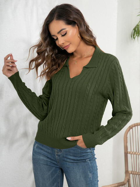 Johnny Collar Cable-Knit Long Sleeve Sweater BLUE ZONE PLANET