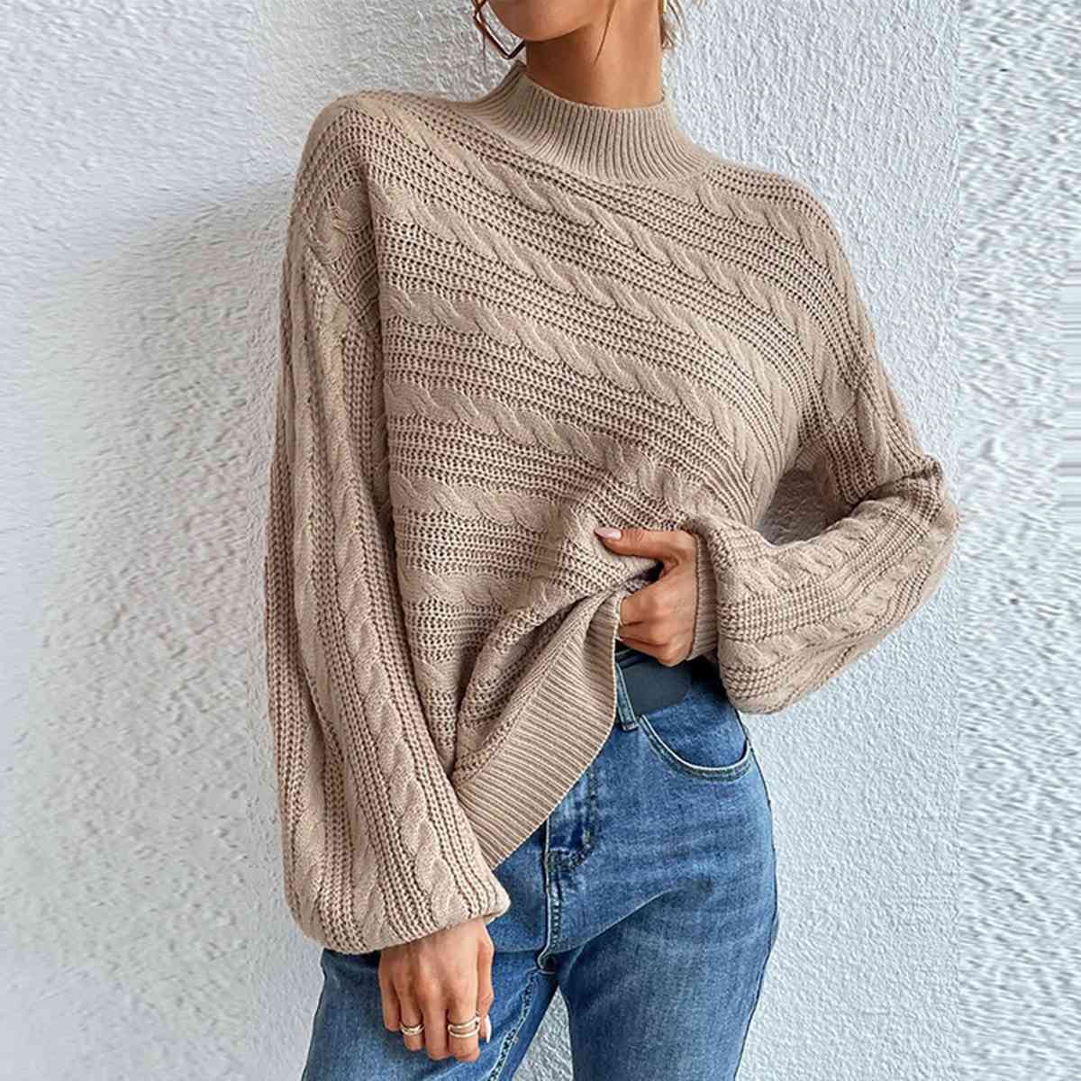 Cable-Knit Mock Neck Long Sleeve Sweater BLUE ZONE PLANET