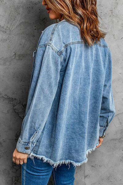 Blue Zone Planet | Button Up Pocketed Raw Hem Denim Jacket BLUE ZONE PLANET