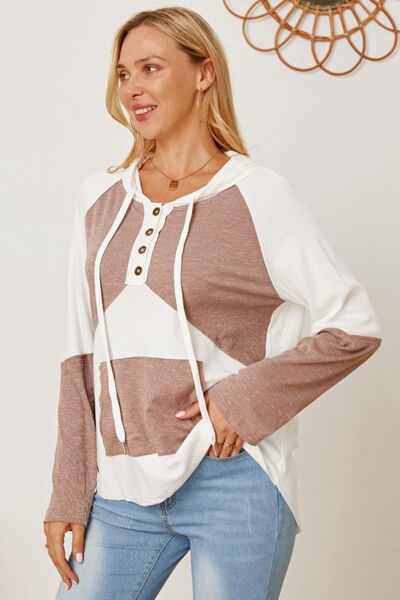 Color Block Drawstring Half Button Hoodie Trendsi
