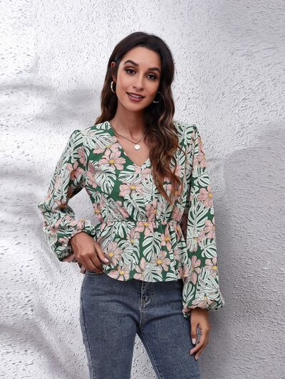 Floral V-Neck Balloon Sleeve Peplum Blouse BLUE ZONE PLANET