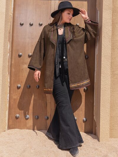Plus Size Embroidered Open Front Dropped Shoulder Jacket Trendsi