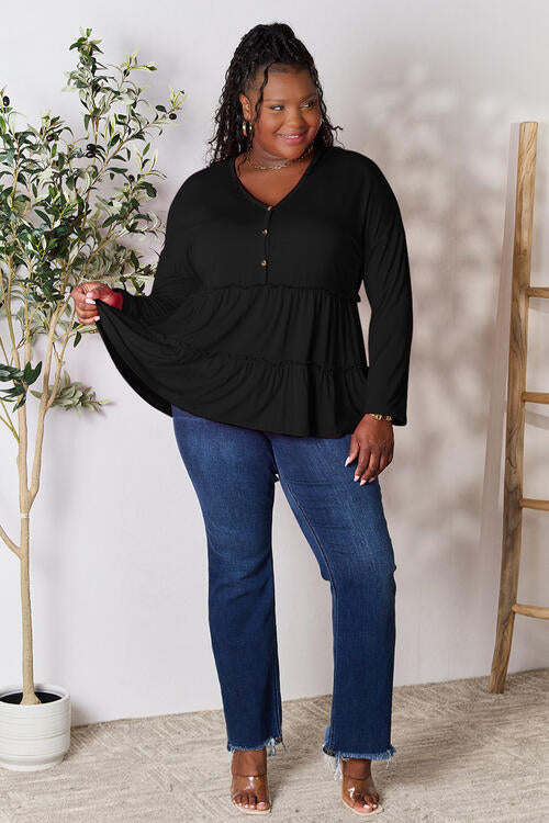 Double Take Half Button Long Sleeve Ruffle Hem Blouse BLUE ZONE PLANET