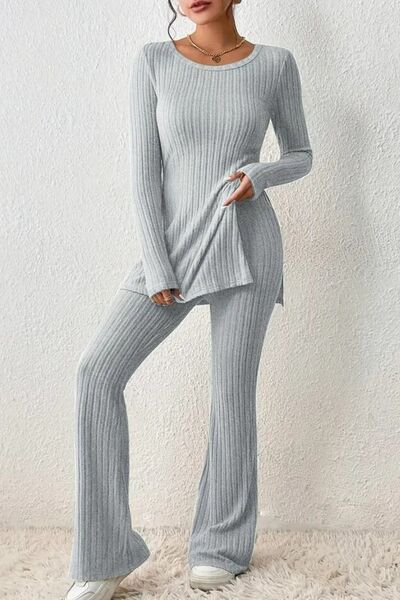 Blue Zone Planet | Ribbed Long Sleeve Slit Top and Bootcut Pants Set BLUE ZONE PLANET