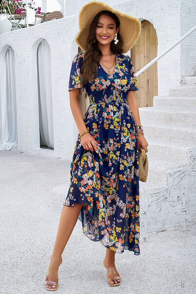 Blue Zone Planet | Smocked Floral V-Neck Short Sleeve Dress BLUE ZONE PLANET