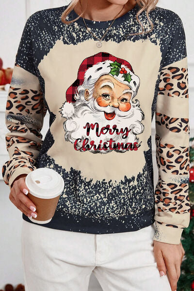 Blue Zone Planet | Santa Graphic Leopard Dropped Shoulder Sweatshirt BLUE ZONE PLANET