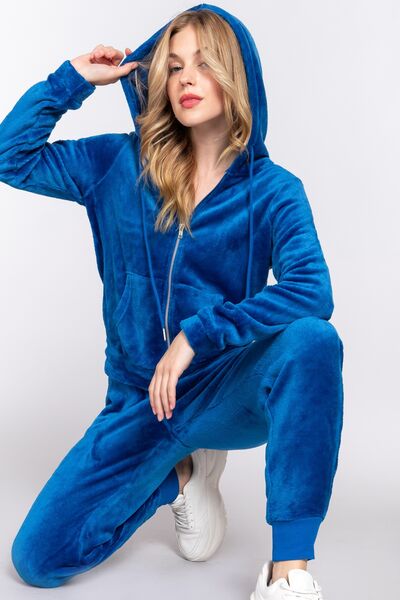ACTIVE BASIC Faux Fur Zip Up Long Sleeve Hoodie and Joggers Set BLUE ZONE PLANET