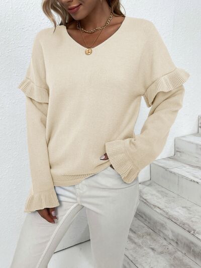 Blue Zone Planet | Ruffled V-Neck Dropped Shoulder Sweater BLUE ZONE PLANET