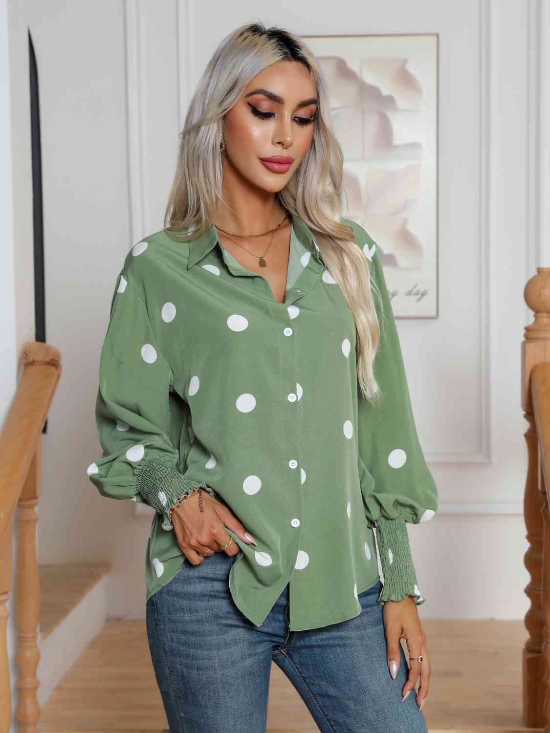 Polka Dot Collared Neck Buttoned Lantern Sleeve Shirt BLUE ZONE PLANET