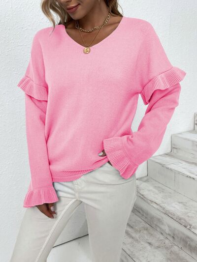 Blue Zone Planet | Ruffled V-Neck Dropped Shoulder Sweater BLUE ZONE PLANET