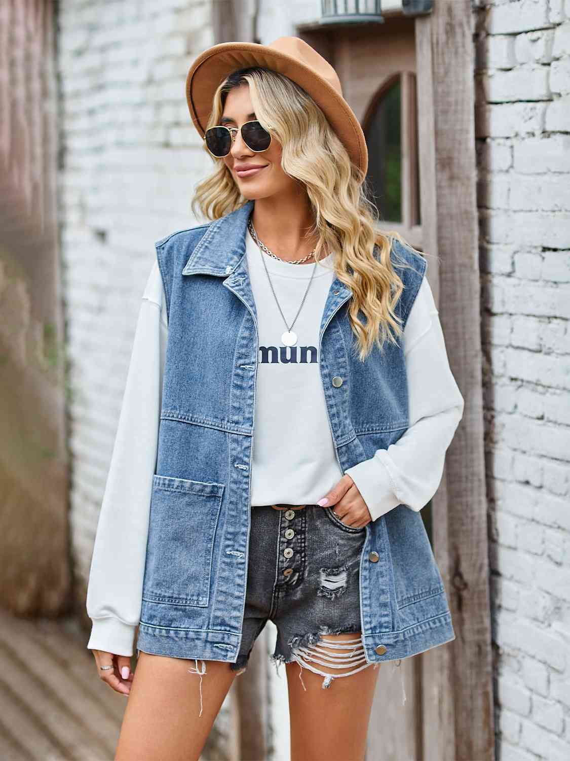 Button Front Sleeveless Denim Jacket BLUE ZONE PLANET