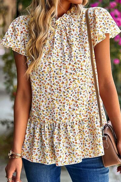 Blue Zone Planet | Ditsy Floral Peplum Short Sleeve Blouse BLUE ZONE PLANET