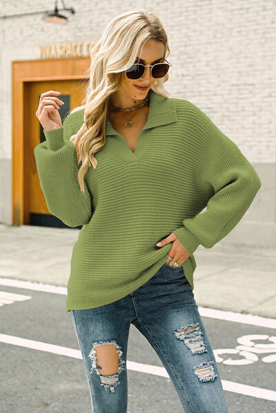 Ribbed Johnny Collar Pullover Sweater-TOPS / DRESSES-[Adult]-[Female]-Mid Green-S-2022 Online Blue Zone Planet