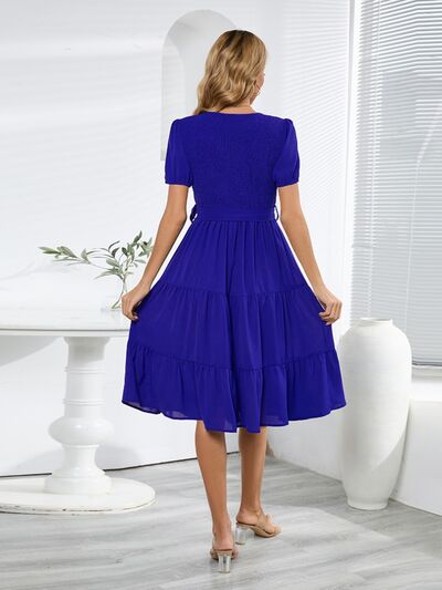 Blue Zone Planet | Smocked Tie Front Short Sleeve Tiered Dress BLUE ZONE PLANET