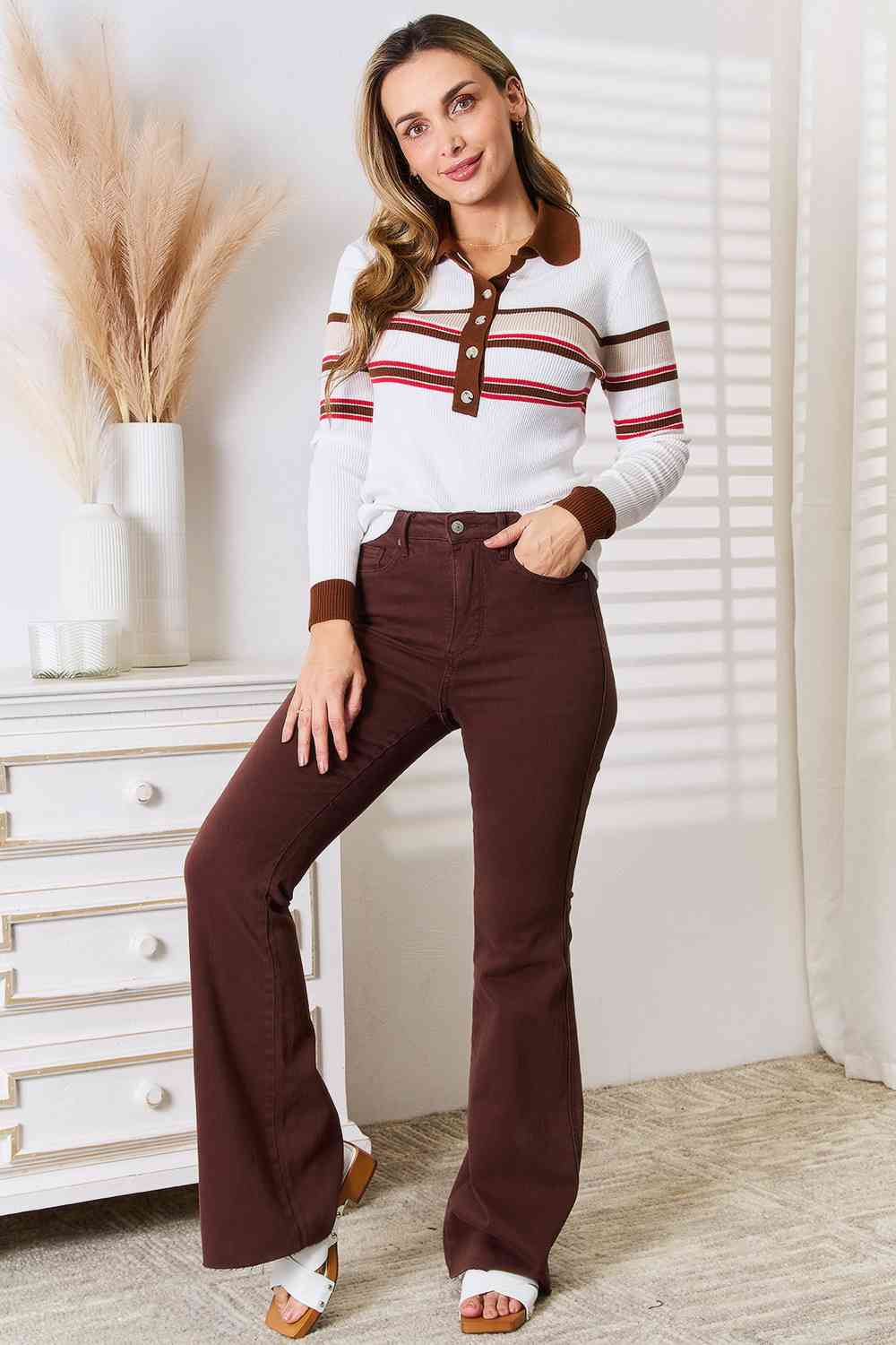 Basic Bae Striped Collared Neck Rib-Knit Top BLUE ZONE PLANET