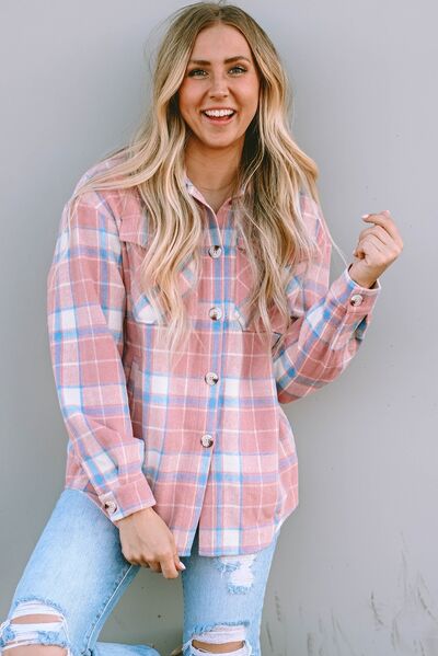 Plaid Pocketed Collared Neck Button Up Jacket BLUE ZONE PLANET