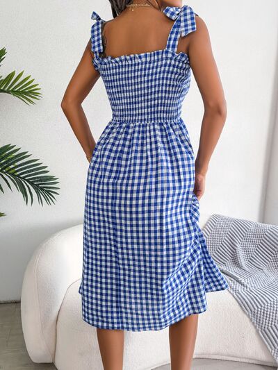 Frill Plaid Square Neck Midi Dress BLUE ZONE PLANET
