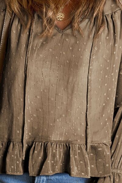 Swiss Dot Tie Neck Flounce Sleeve Blouse Trendsi