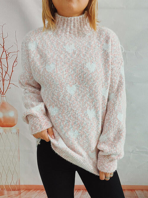 Blue Zone Planet | Heart Heathered Turtleneck Drop Shoulder Sweater BLUE ZONE PLANET