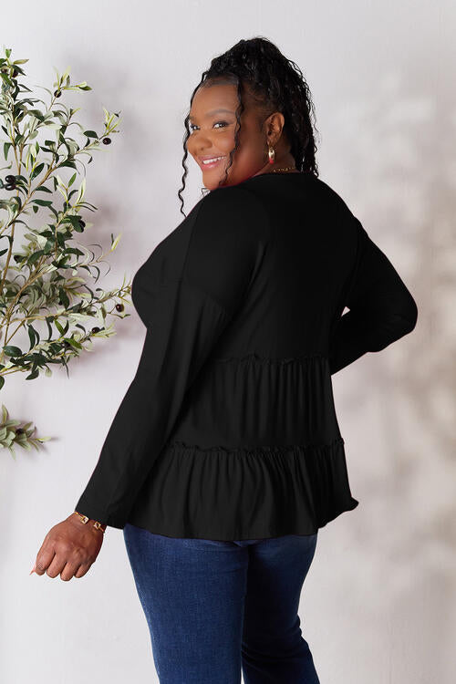 Double Take Half Button Long Sleeve Ruffle Hem Blouse BLUE ZONE PLANET