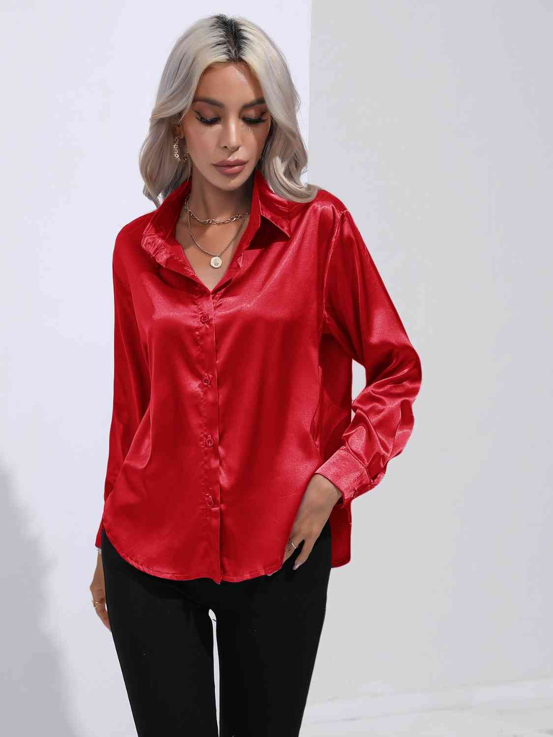 Collared Neck Buttoned Long Sleeve Shirt BLUE ZONE PLANET