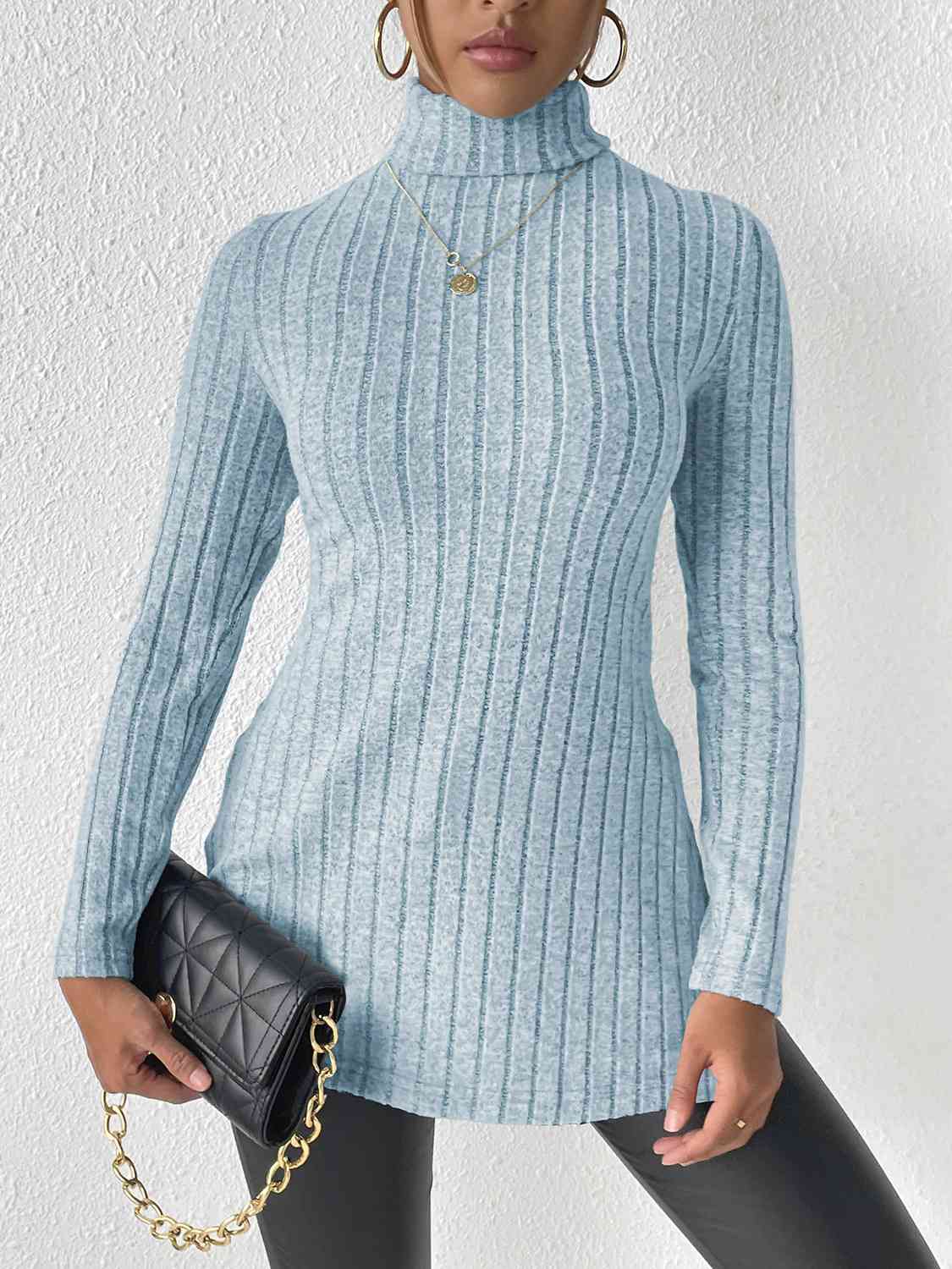 Ribbed Turtleneck Long Sleeve Slit T-Shirt BLUE ZONE PLANET