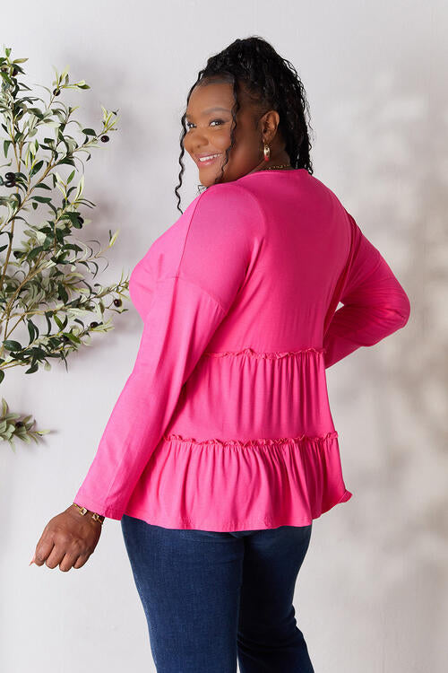 Double Take Half Button Long Sleeve Ruffle Hem Blouse BLUE ZONE PLANET