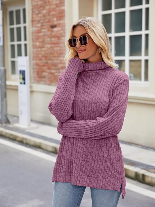 Ribbed Turtleneck Long Sleeve Slit Knit Top BLUE ZONE PLANET