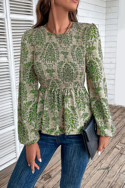 Blue Zone Planet | Smocked Printed Balloon Sleeve Blouse BLUE ZONE PLANET