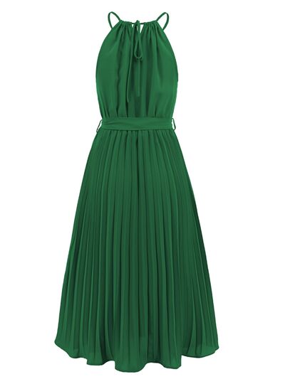 Blue Zone Planet | Pleated Spaghetti Strap Tie Waist Midi Dress BLUE ZONE PLANET