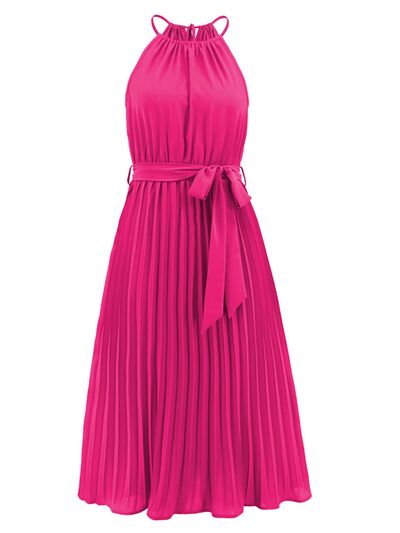 Blue Zone Planet | Pleated Spaghetti Strap Tie Waist Midi Dress BLUE ZONE PLANET