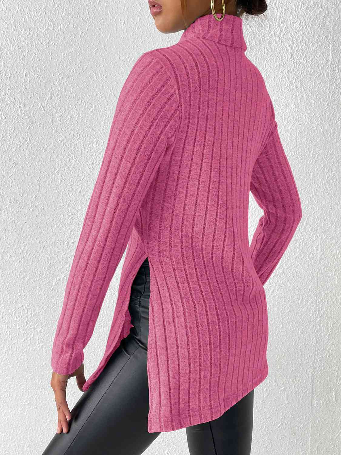 Ribbed Turtleneck Long Sleeve Slit T-Shirt BLUE ZONE PLANET