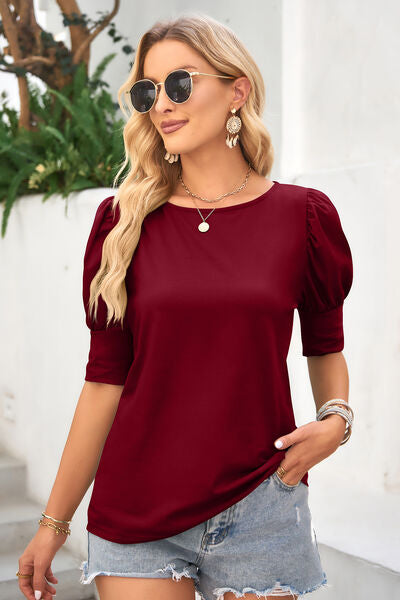 Blue Zone Planet | Round Neck Lantern Sleeve Blouse BLUE ZONE PLANET