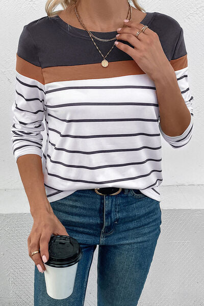 Blue Zone Planet | Striped Round Neck Long Sleeve T-Shirt BLUE ZONE PLANET