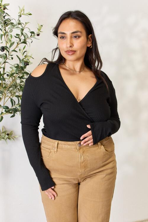 Culture Code Full Size Ribbed Surplice Cold Shoulder Top BLUE ZONE PLANET