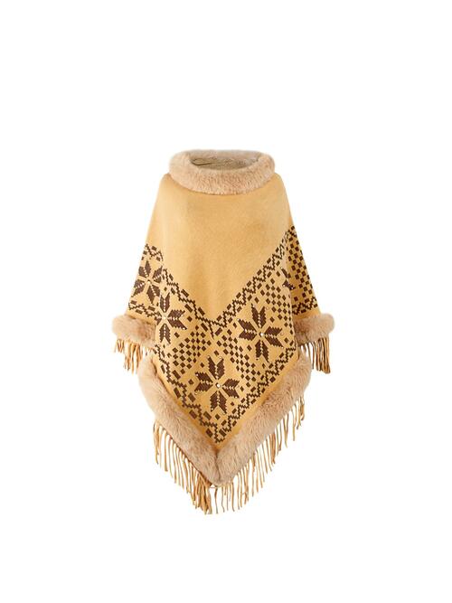Fringe Geometric Cape Sleeve Poncho BLUE ZONE PLANET