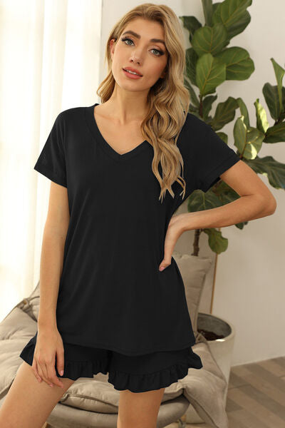 Blue Zone Planet | V-Neck Short Sleeve Top and Drawstring Shorts Lounge Set BLUE ZONE PLANET